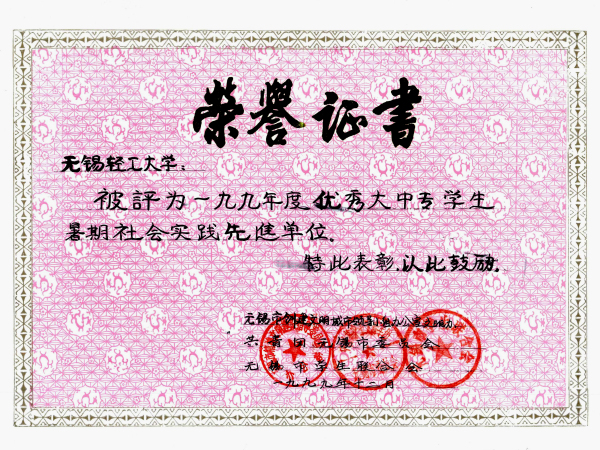 1999年度无锡市社会实践先进单位