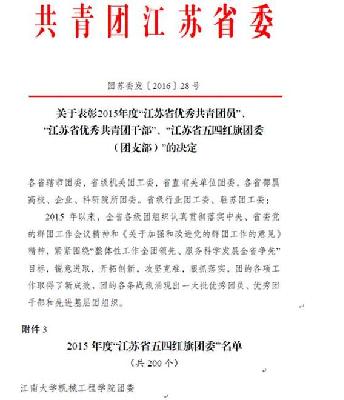 【机械学院】喜报：机械工程学院喜获江苏省五四红旗团委荣誉称号